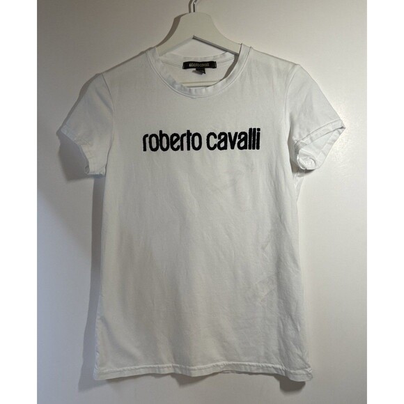 Roberto Cavalli Womens Logo Print White SS T Shirt Size M made In Italy - Picture 1 of 12